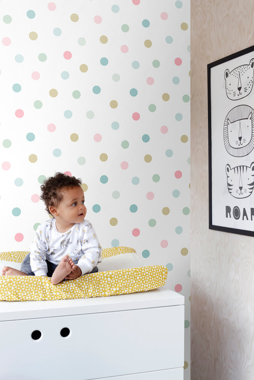 ESTAhome behang stippen roze, blauw, groen en goud - 53 cm x 10.05 m - 139041