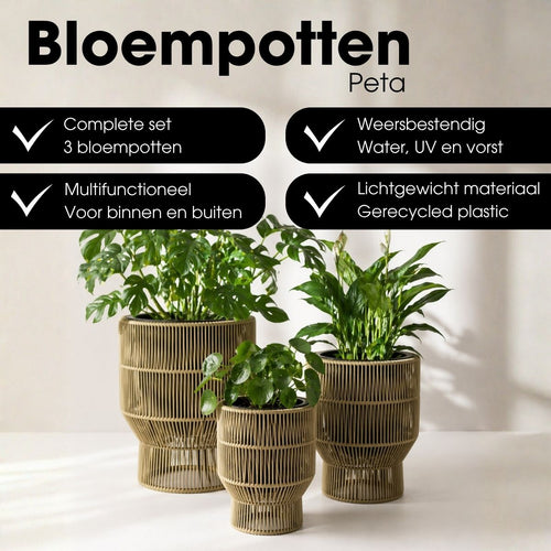 Mica Decorations Peta Bloempot op Standaard voor Buiten – Set van 3 – Plantenpot voor Bloemen en Buitenplanten – Bloempotten voor Buiten – Groen