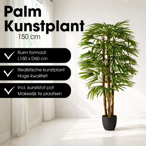 Mica Decorations Rhapispalm – Kunstplant in Pot – Realistische Nepplant Woondecoratie – Kunstplanten voor Binnen en Buiten – H150 x Ø60 cm – Groen