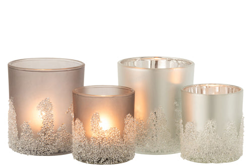 J-Line windlicht Suiker Frosted - glas - grijs/zilver - large - 2 stuks