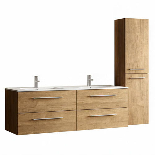 LOMAZOO badmeubelset Navero - met hoge kast & witte wastafel - licht eiken - 140 cm