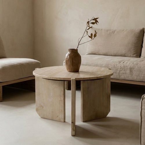 Giga Meubel Salontafel Simon Rond - Travertin/Hout - Bruin - 60x60x40cm