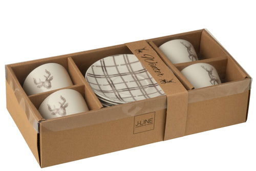 J-Line theemok + schotel Rendier - keramiek - wit/bruin - giftbox van 4
