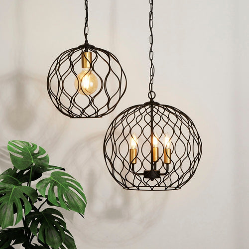 Searchlight FINESSE - 1 Light Round Cage Ceiling Pendant - Zwart met gouden lamphouders