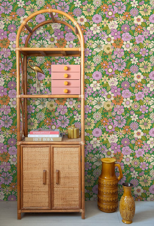 ESTAhome behang retro bloemen groen, paars, beige en oranje - 50 x 900 cm - 131808
