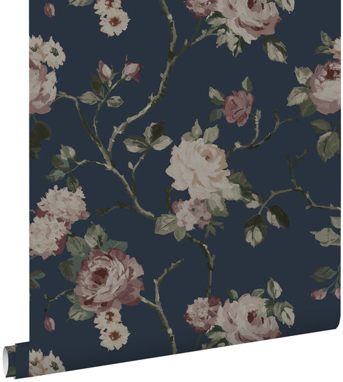 ESTAhome behang vintage bloemen donkerblauw en oudroze - 53 cm x 10.05 m - 139409