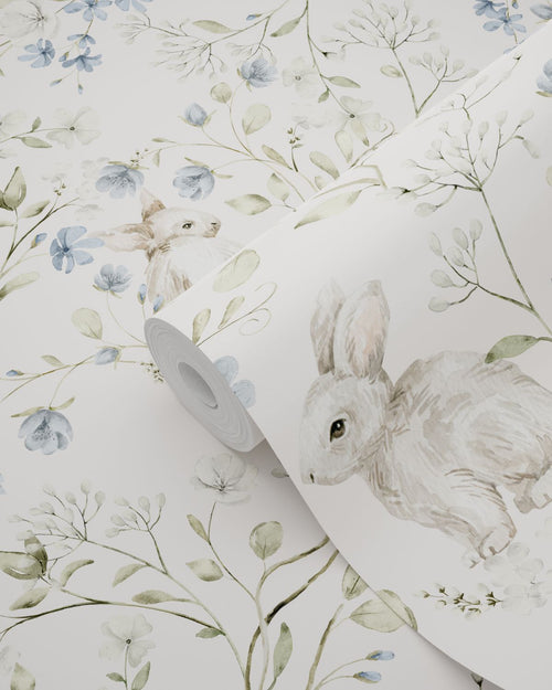 ESTAhome behang toile de jouy konijnen beige, groen, blauw en wit - 53 cm x 10.05 m - 131138