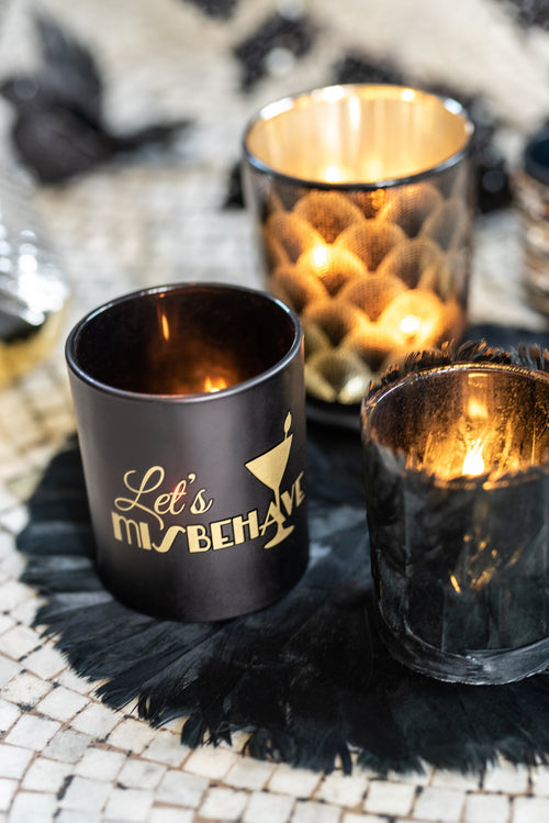J-Line theelichthouder Gatsby -  glas - zwart/goud - 2 stuks