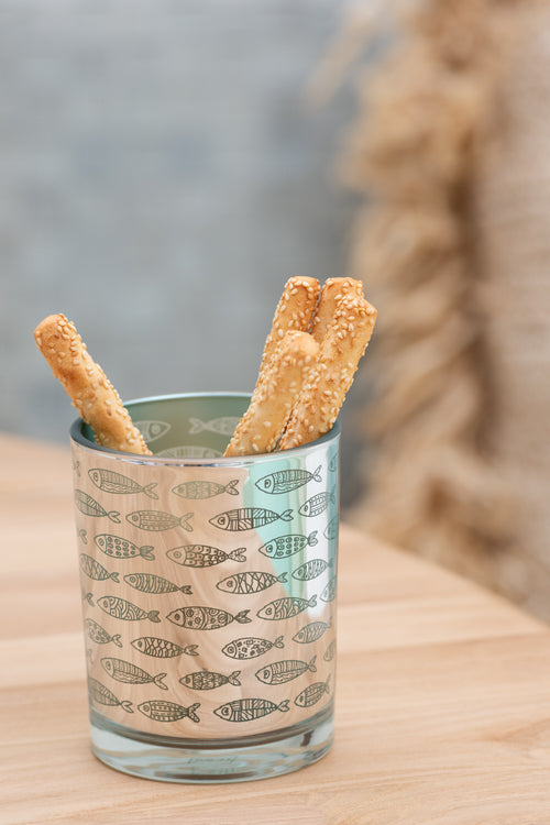 J-Line windlicht Vissen - glas - beige/blauw - small - 2 stuks