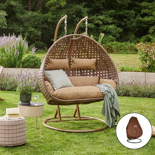 Home Deluxe - Polyrattan hangstoel met regenhoes TWIN | Kleur: Bruin, Kenmerken: incl. regenhoes