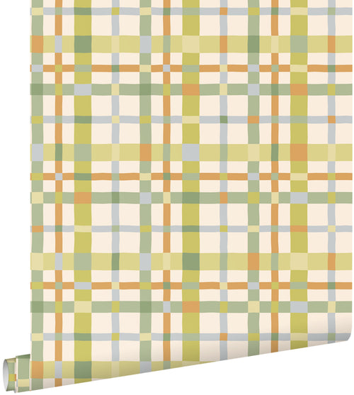ESTAhome behang ruitjes groen, blauw en terracotta - 50 x 900 cm - 132050