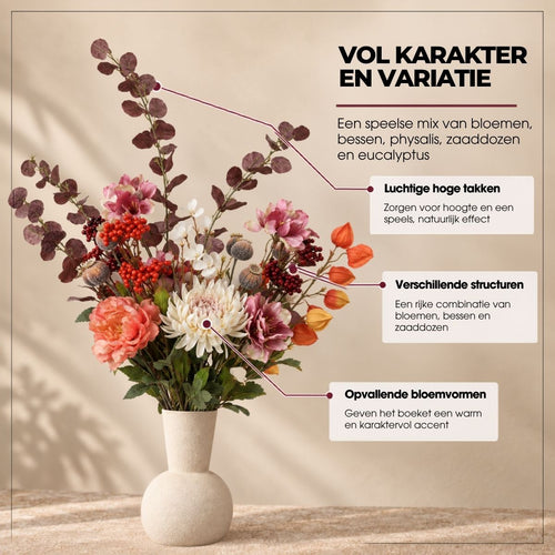 Mica Decorations Fedde Boeket Roze met 18 Stelen - Kunstboeket met Bloemen, Bladeren en Takken - Kunstbloemen Roze, Crème en Oranje - Polyester Boeket