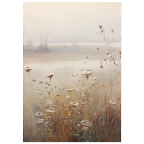 Artfulprints Poster met Lijst Foggy flowerfield 1   - 70x100 cm - Taupe