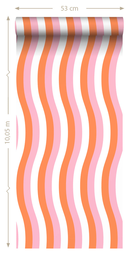 ESTAhome behang golvende strepen oranje en roze - 50 x 900 cm - 131613 - vtwonen shop