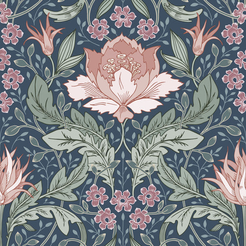 ESTAhome behang vintage bloemen in art nouveau stijl blauw, groen en terracotta roze - 50 x 900 cm - 131083 - vtwonen shop