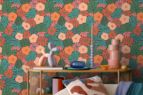 ESTAhome behang bloemen in Matisse stijl donkergroen, oranje en blauw - 50 x 900 cm - 131008 - vtwonen shop