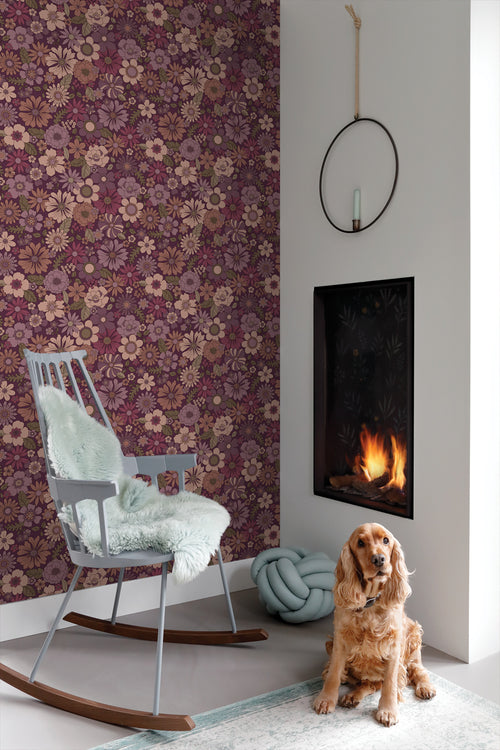 ESTAhome behang retro bloemen aubergine paars - 50 x 900 cm - 131638 - vtwonen shop