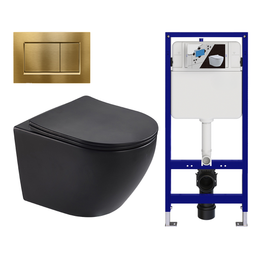 LOMAZOO hangtoiletset Linea - met inbouwreservoir & vierkante drukplaat - rond - goud / zwart