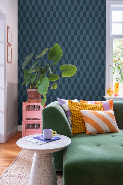 ESTAhome behang art deco bogen vergrijsd donker blauw - 53 cm x 10.05 m - 139990 - vtwonen shop