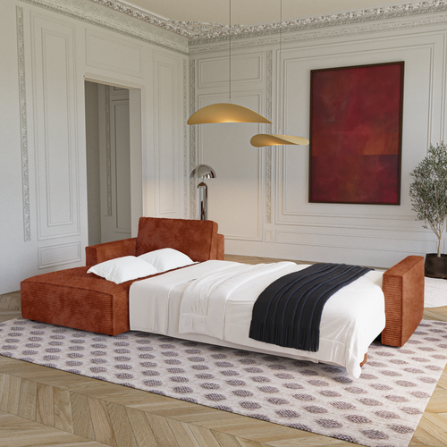 Premium Interiors - Linkshoekbank met slaapfunctie en opbergruimte  - corduroy terracotta 297cm
