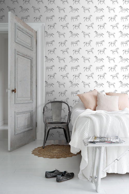 ESTAhome behang getekende paarden zwart op wit - 53 cm x 10.05 m - 128807