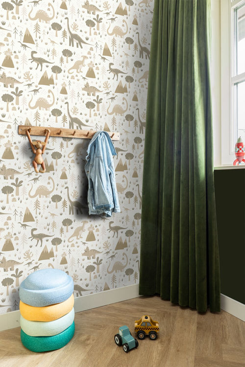 ESTAhome behang dinosaurussen beige en taupe - 53 cm x 10.05 m - 131354