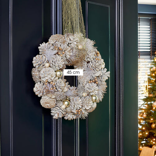 Mica Decorations Kerstkrans Hanley H9 x Ø45 cm - Deurkrans met Dennenappels - Kerst Krans Deur en Tafel - Multifunctionele Kerstversiering - Wit