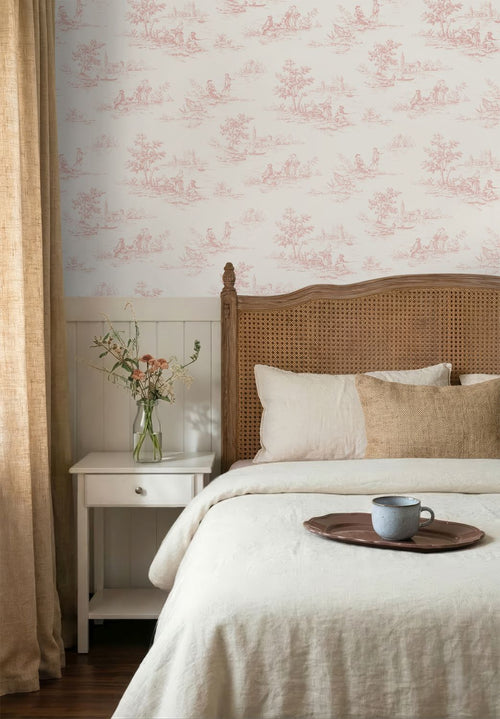 ESTAhome behang toile de jouy print zacht roze - 50 x 900 cm - 132108