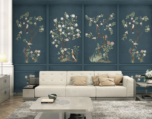 Sanders & Sanders fotobehang bloemen en vogels petrolblauw - 318 x 280 cm - 640808