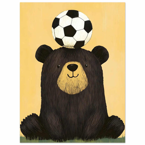 Artfulprints Poster Voetballende beer   - 30x40 cm - Geel