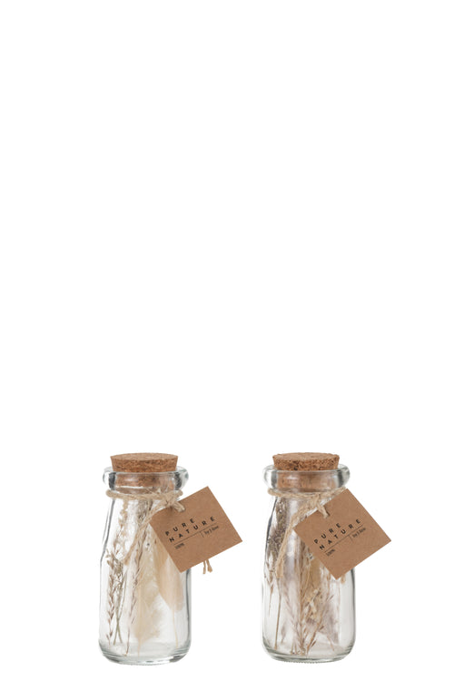 J-Line decoratie Fles Met Gedroogde Bloemen - glas - naturel - extra small - 2 stuks
