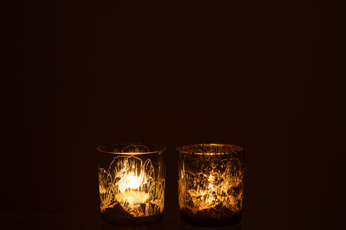 J-Line windlicht Bloemen - glas - kaki groen - small - 2 stuks