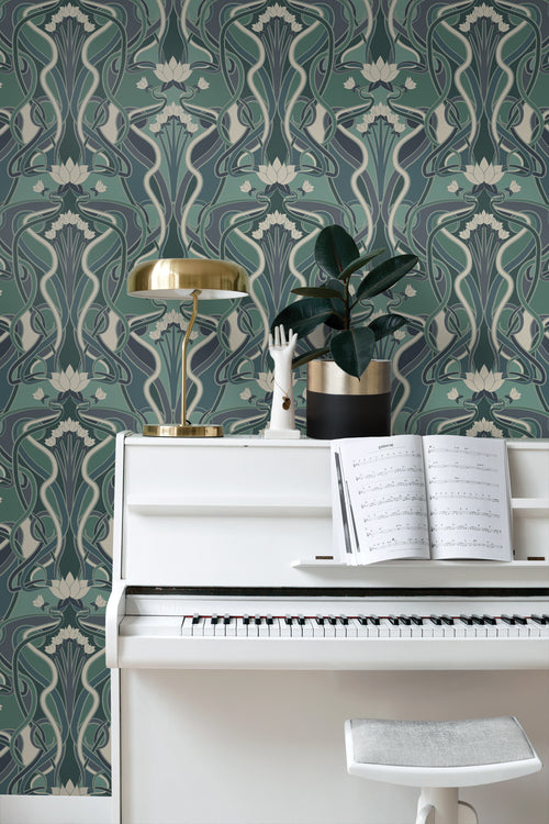 ESTAhome behang vintage bloemen in art nouveau stijl vergrijsd groen en blauw - 50 x 900 cm - 139894 - vtwonen shop