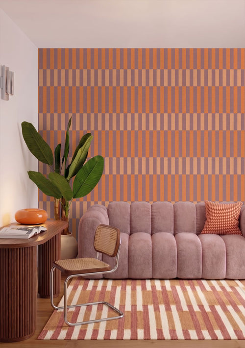 ESTAhome behang linnen-look strepen paars en oranje - 50 x 900 cm - 132253