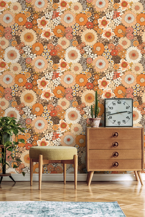 ESTAhome behang retro bloemen oranje en terracotta roze - 50 x 900 cm - 131318