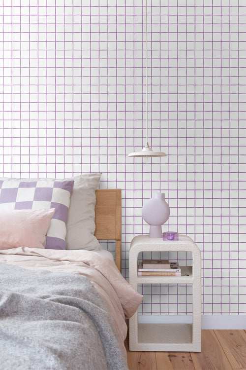 ESTAhome behang geblokt motief paars en wit - 50 x 900 cm - 131276 - vtwonen shop