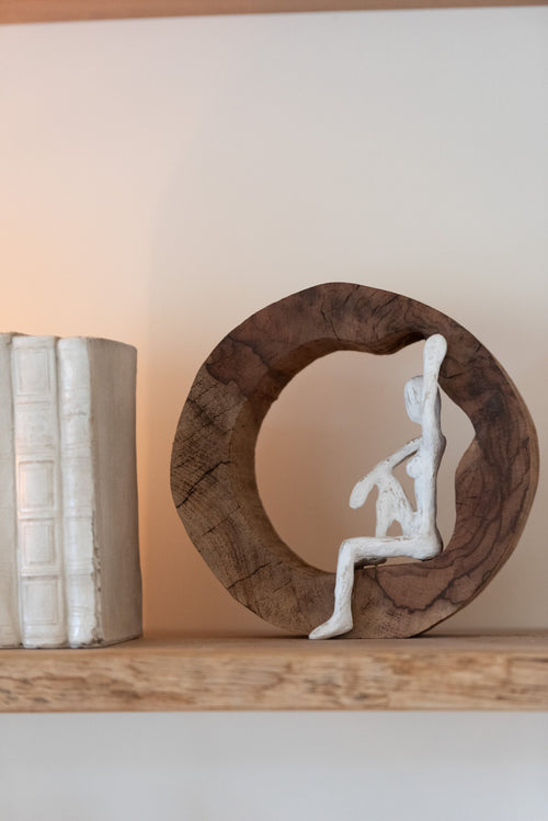 J-Line decoratie Rustend  - hout/metaal - naturel/wit - 2 stuks