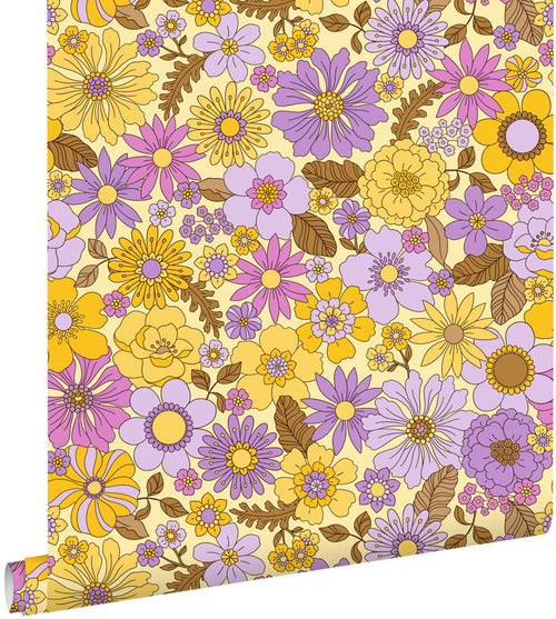 ESTAhome behang retro bloemen geel en paars - 50 x 900 cm - 131807