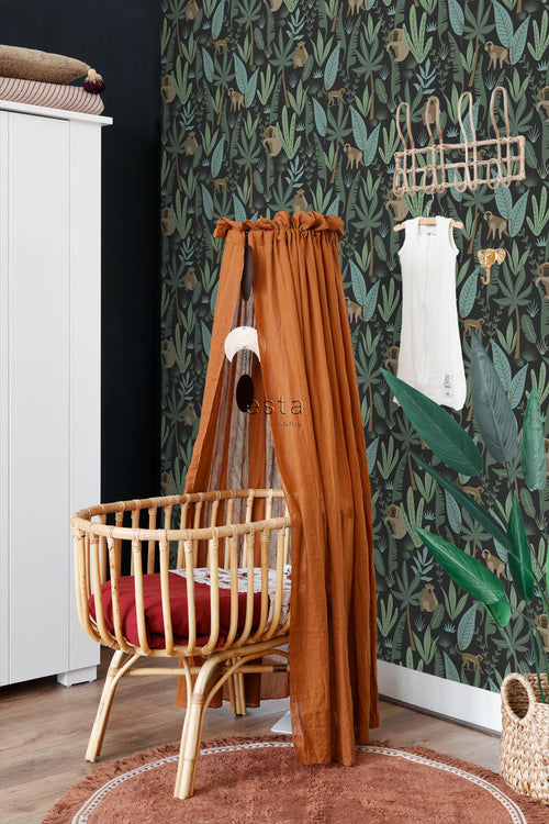 ESTAhome behang jungle apen zwart, donkergroen en mintgroen - 53 cm x 10.05 m - 139074