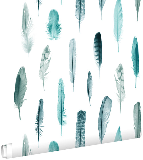 ESTAhome behang veren turquoise en mat wit - 53 cm x 10.05 m - 138895