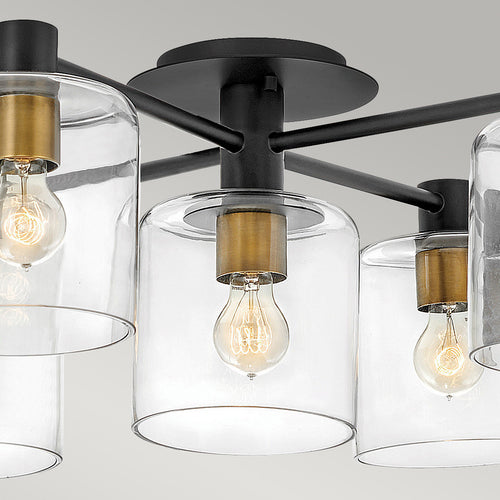 Elstead Hinkley Axel Multi Arm Semi Flush Plafondlamp Zwart met Heritage Brass