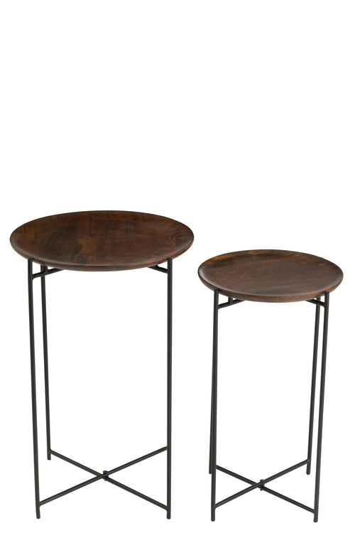 J-Line bijzettafel Rond - ijzer/hout - bruin/zwart - 2 stuks