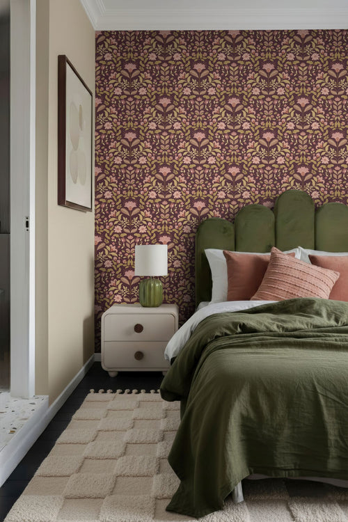 ESTAhome behang vintage bloemen donker paars en groen - 50 x 900 cm - 131894