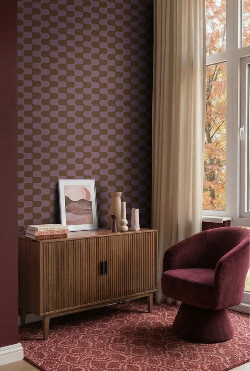 ESTAhome behang golvende lijnen bruin en donker paars - 50 x 900 cm - 132143