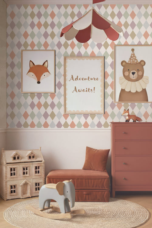 ESTAhome behang ruitjes beige, paars en terracotta - 50 x 900 cm - 131764