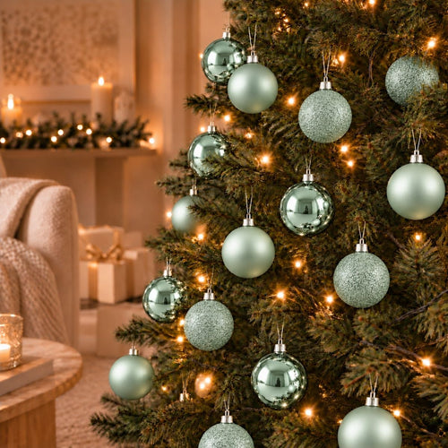 Mica Decorations Kerstballenset Onbreekbaar Lichtgroen - 27 Kerstballen van Gerecycled Kunststof - Diameter 8 cm - Ideaal voor Kinderen en Huisdieren
