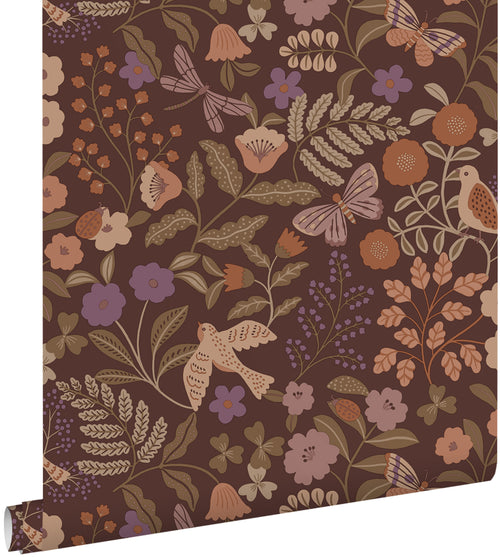 ESTAhome behang bloemen en vogels bruin, groen, terracotta en paars - 50 x 900 cm - 131467 - vtwonen shop