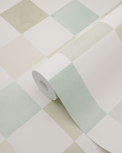 ESTAhome behang geblokt motief beige, blauw en groen - 50 x 900 cm - 131718