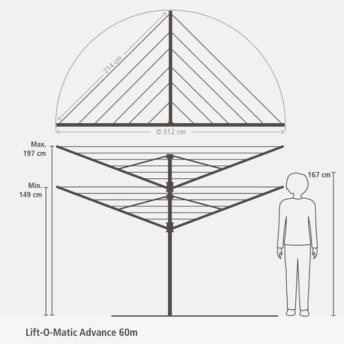 Brabantia Droogmolen Lift-O-Matic - 60M - met kunststof betonanker - met beschermhoes en wasknijpertasje - metallic grey - vtwonen shop