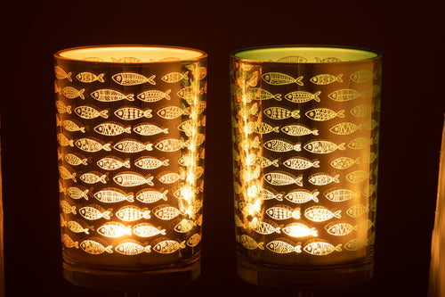 J-Line windlicht Vissen - glas - beige/blauw - large - 2 stuks - vtwonen shop